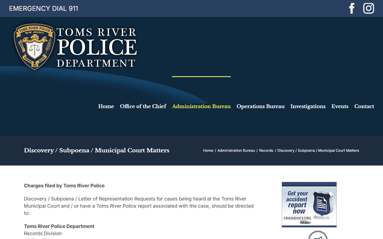 Toms River Police Department at 255 Oak Avenue where arrest records are maintained