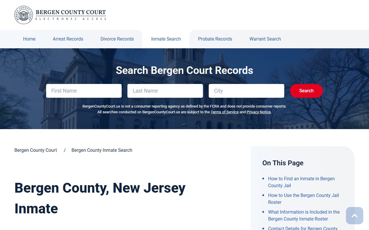 Bergen County inmate search page for Bergen County arrest records