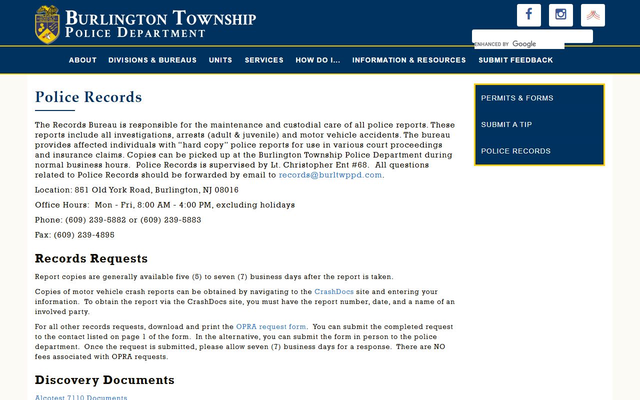 Burlington Township Police Department records for Burlington County arrest records