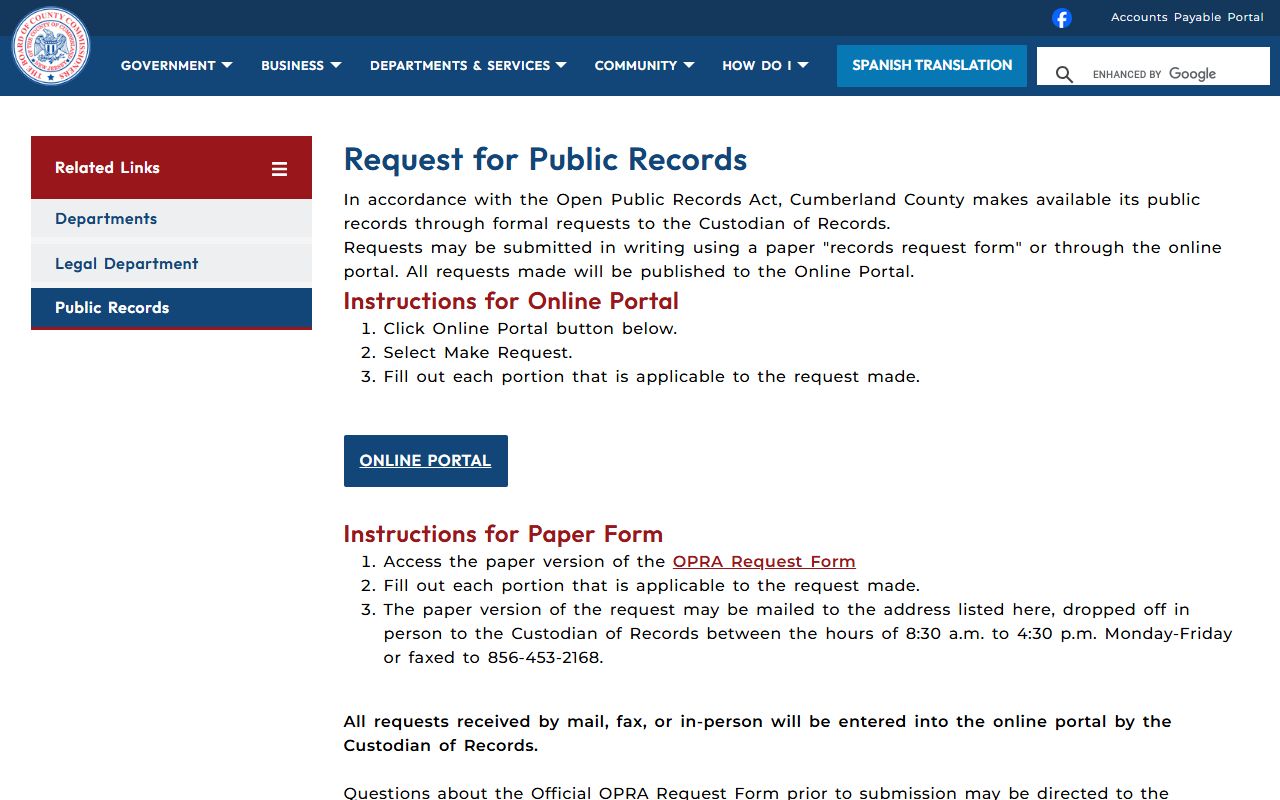 Cumberland County OPRA portal for arrest records