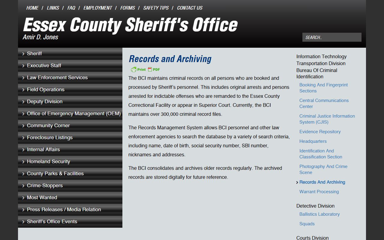 Essex County Sheriff's Office arrest records page