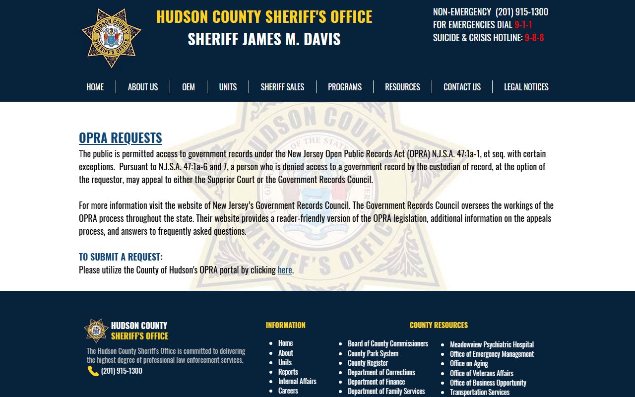 Hudson County Sheriff's Office arrest records request page