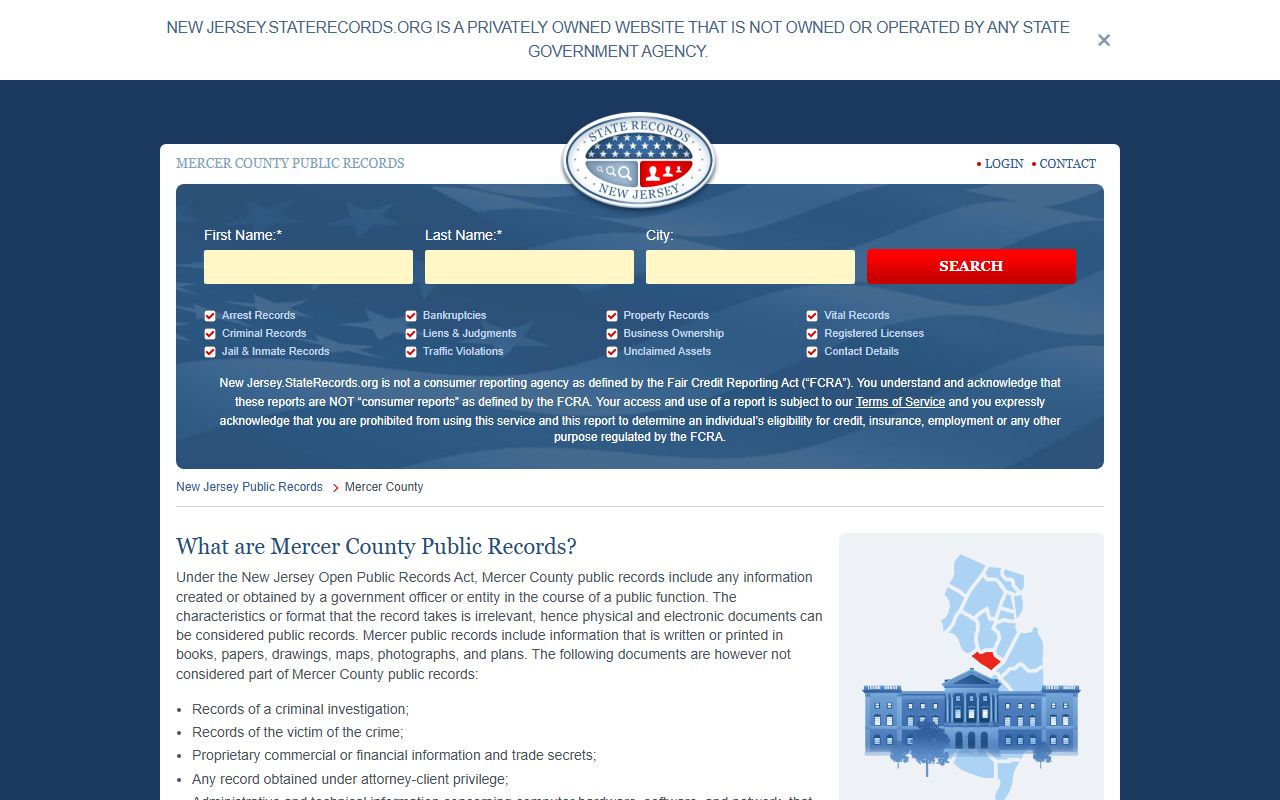 Mercer County court records page for arrest records search
