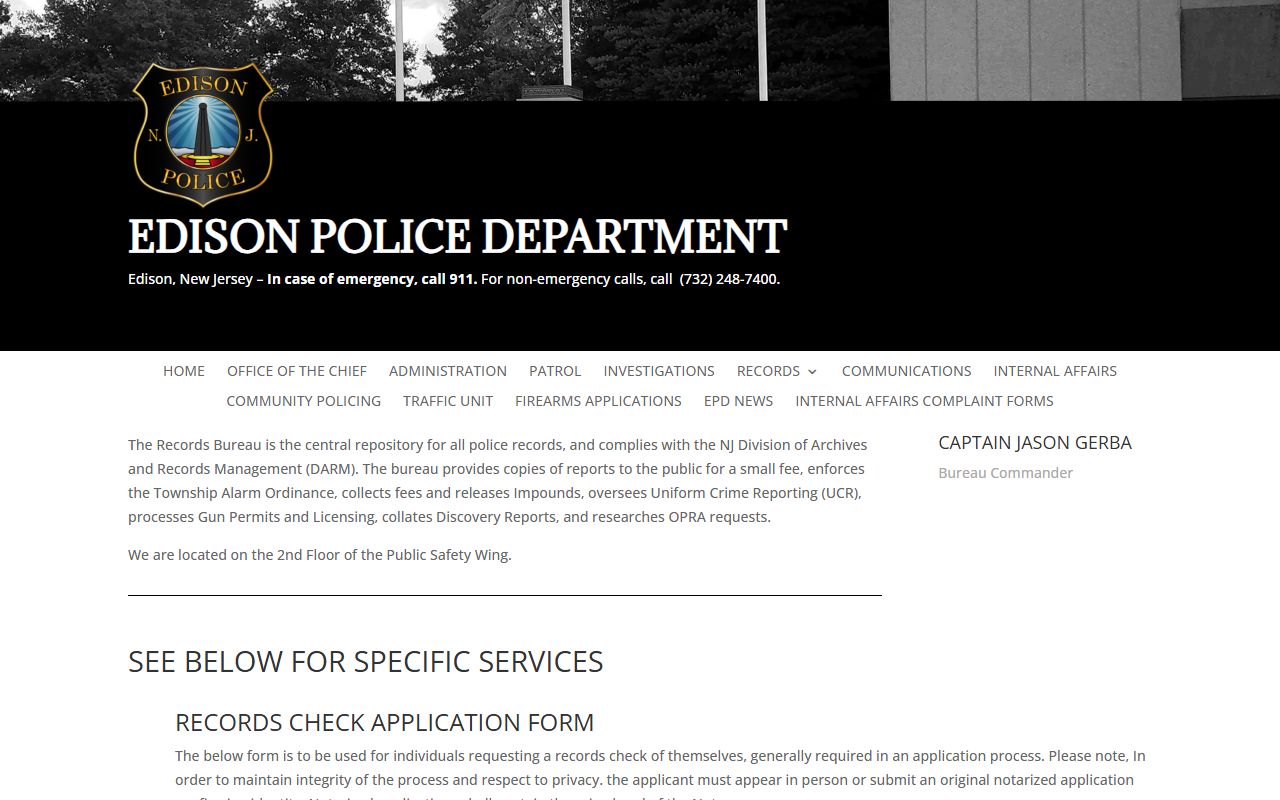 Edison Police Department records bureau for Middlesex County arrest records