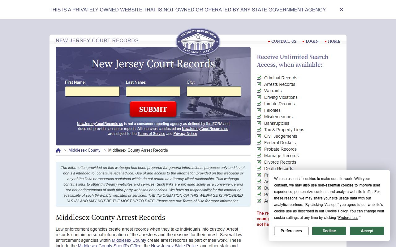 Middlesex County Sheriff's Office arrest records page