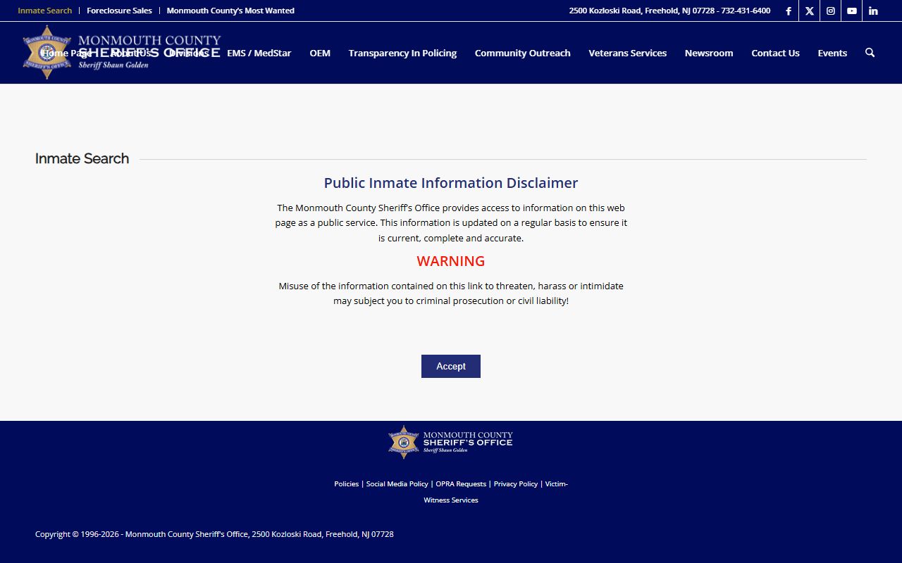 Monmouth County Sheriff's Office website for Monmouth County arrest records