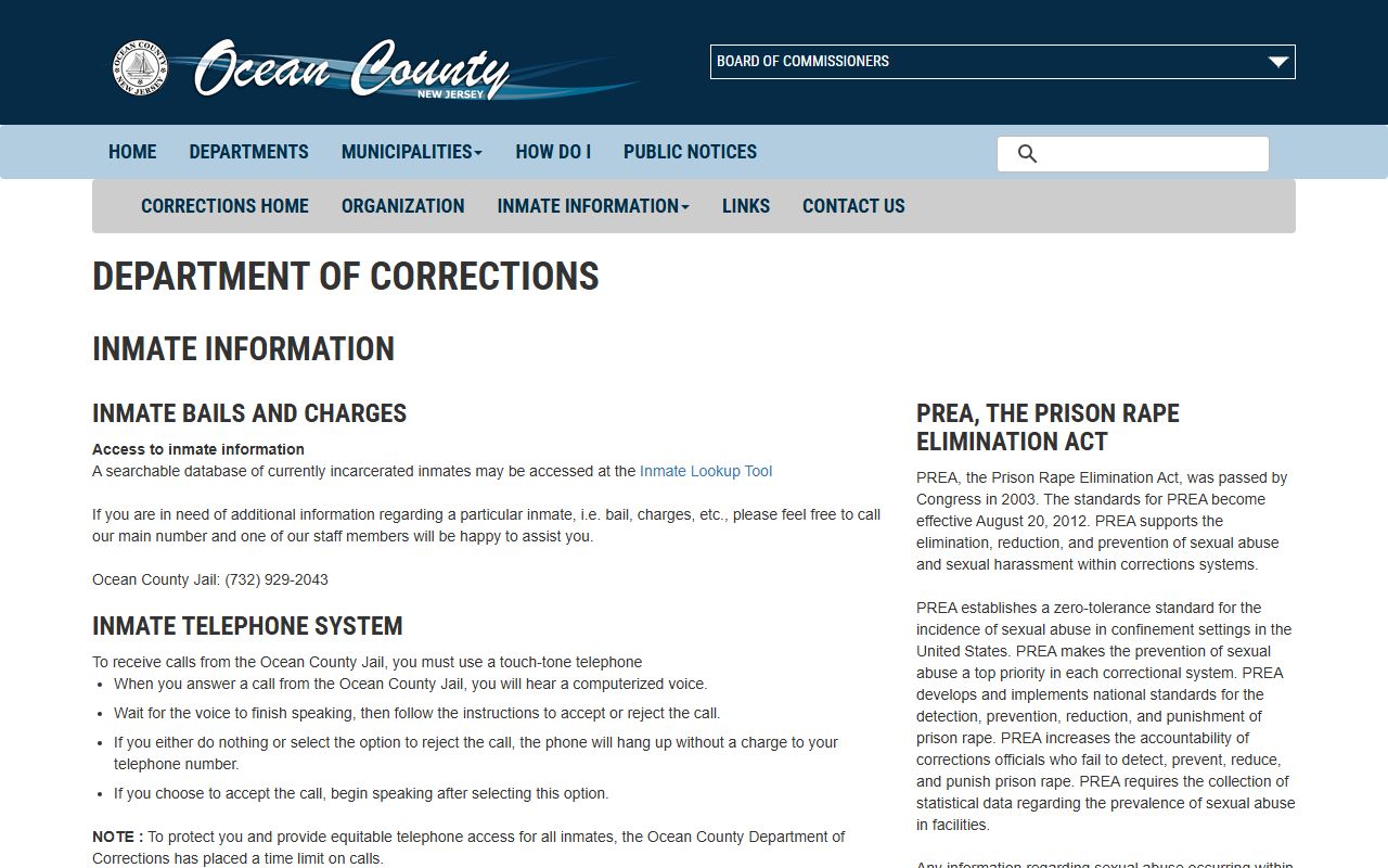 Ocean County Corrections inmate information page for Ocean County arrest records