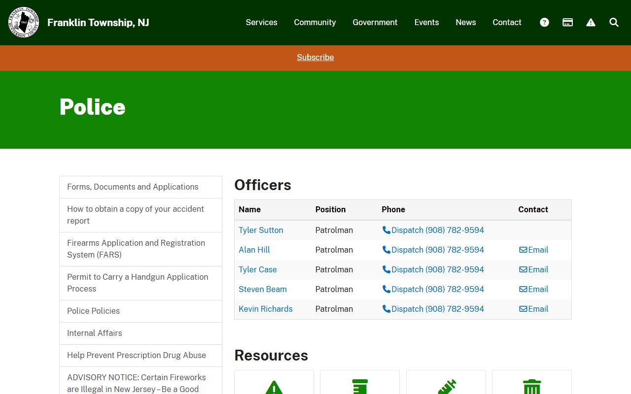 Franklin Township Police Department Somerset County arrest records