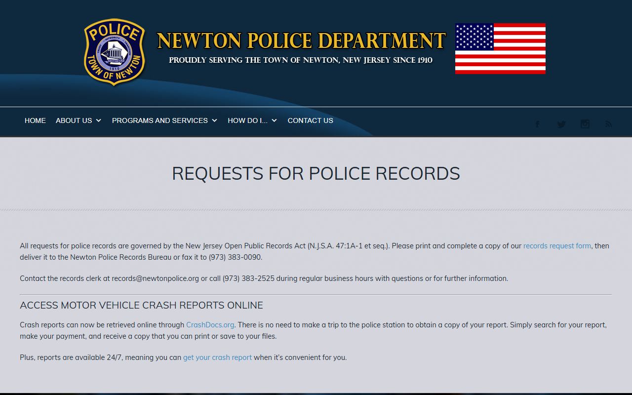 Newton Police Department records page for Sussex County arrest records