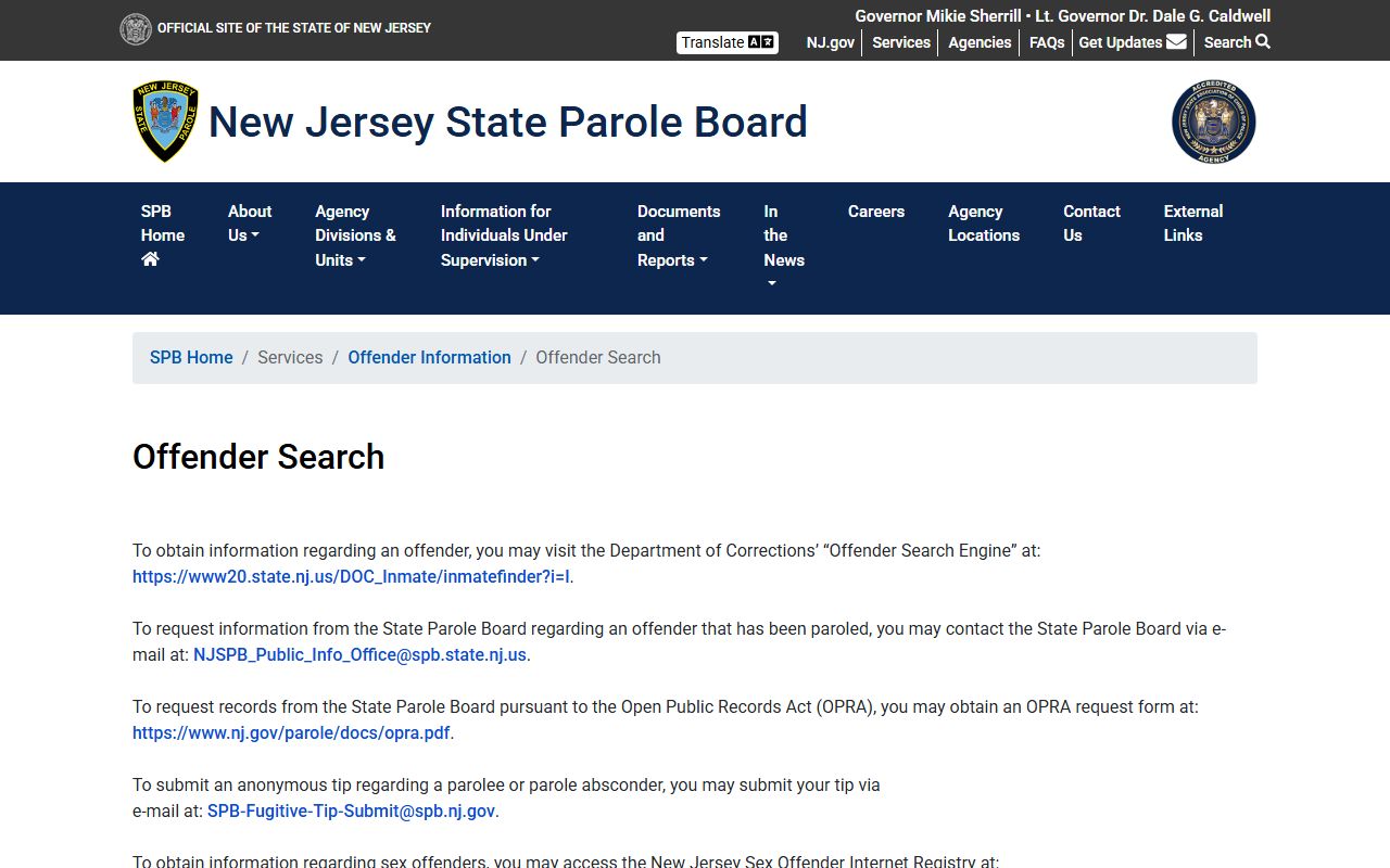 NJ State Parole Board offender information for arrest records